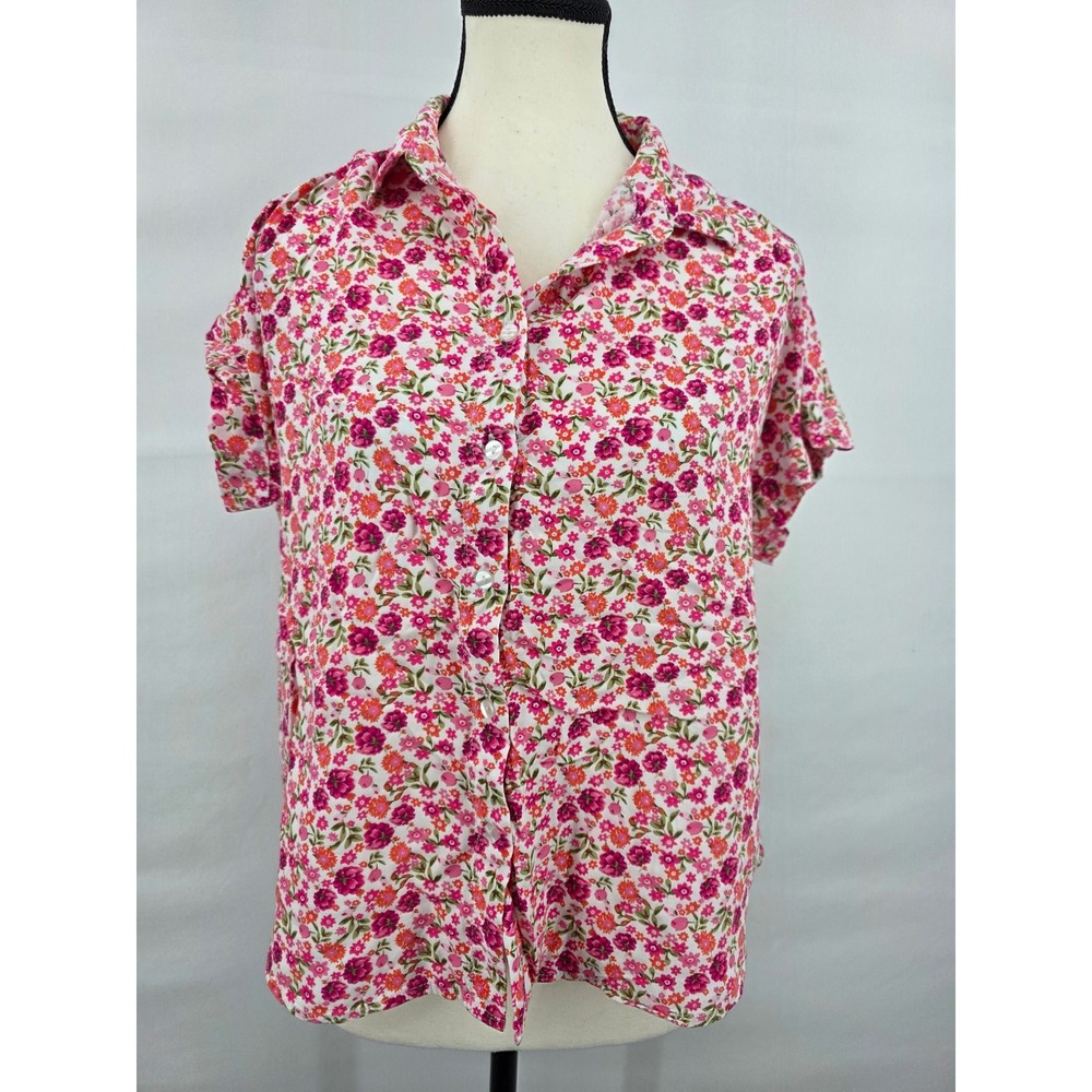 Jane + Delancey Pink Orange Floral Button Front Short Sleeve Shirt Medium